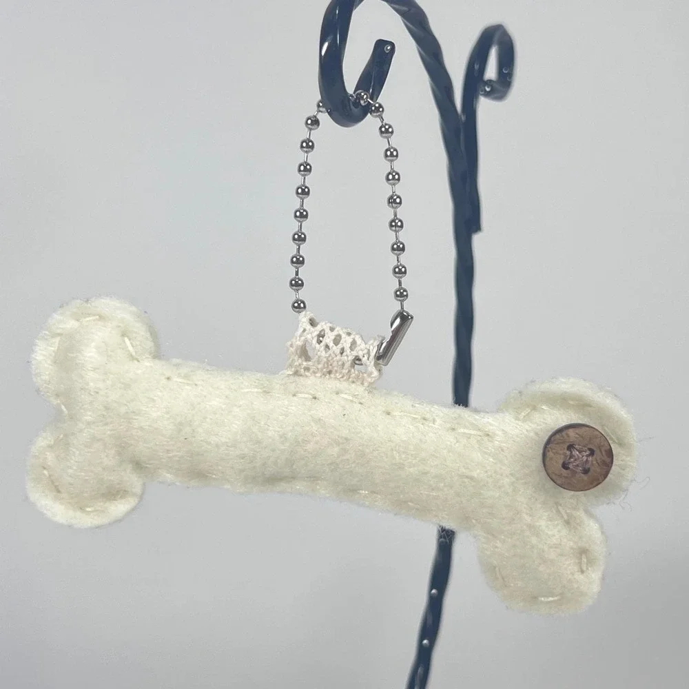 Handmade Felt Dog Bone Keychain Cream Stitched Bag Charm Fob with Wood Button